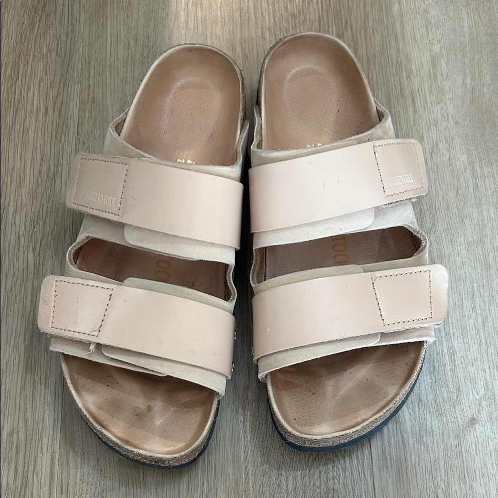 Birkenstock Uji Nubuck Leather Slide Velcro Strap Sandals in New Beige